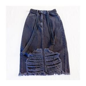 Zara Belted Black Denim Frayed Style Jean Pencil Skirt SZ XS